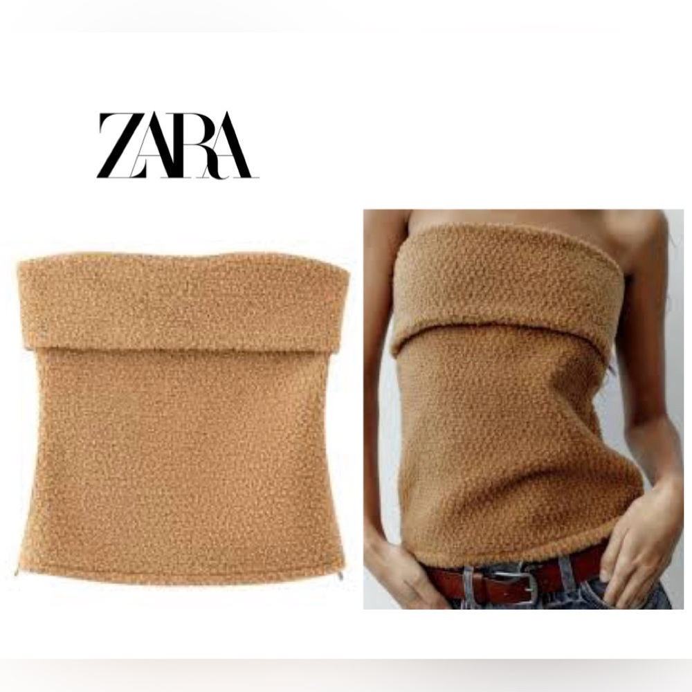 Zara sherpa strapless tube top in camel brown Sz XS NWOT